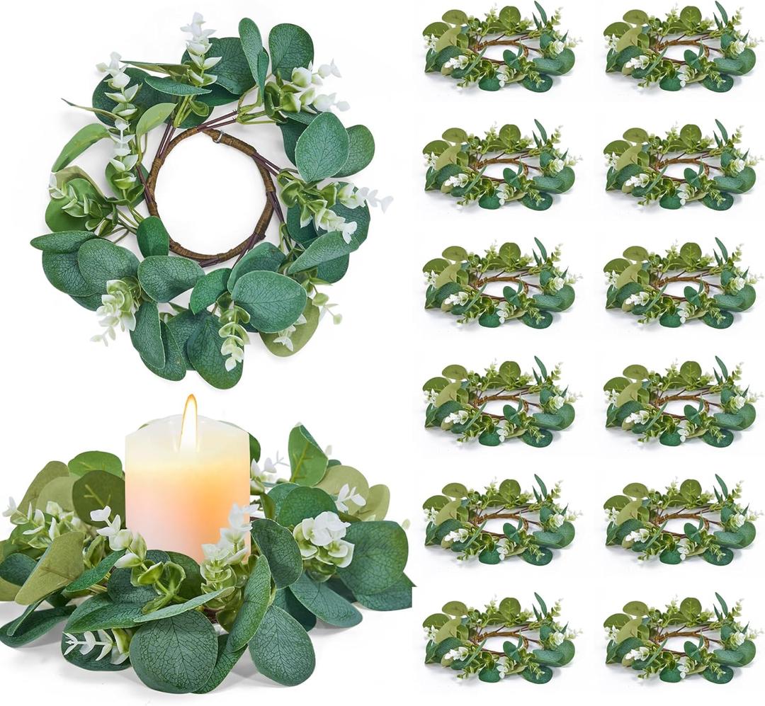 Defined Deco 20Pcs Artificial Eucalyptus Leaves Candle Rings Wreaths,11 Inch Greenery Wreath Candle Rings, Pillars Boho Wreath for Wedding Party Home Table Door
