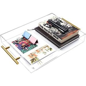Clear Acrylic Serving Tray with Golden Handles 12"x16", Huge Capacity Sturdy Acrylic Tray for Coffee, Juice, Kitchen and Desk Organizer, Storage Tray