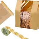 NOONEAST 50 Pack Large Kraft Paper Bread Bags for Homemade Bread Sourdough Bags 14" x 8.3" x 3.5" with Tin Tie Tab Lock Clear Front Window Bakery Bag Packaging Cookie Bag with Label Seal Stickers