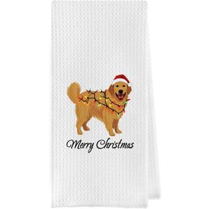 Geqtt Christmas Golden Retriever Gifts - Golden Retriever Waffle Weave Decorative Kitchen Towels, Christmas Dog Dish Towels, Hand Tea Towel (16x24 Inches)