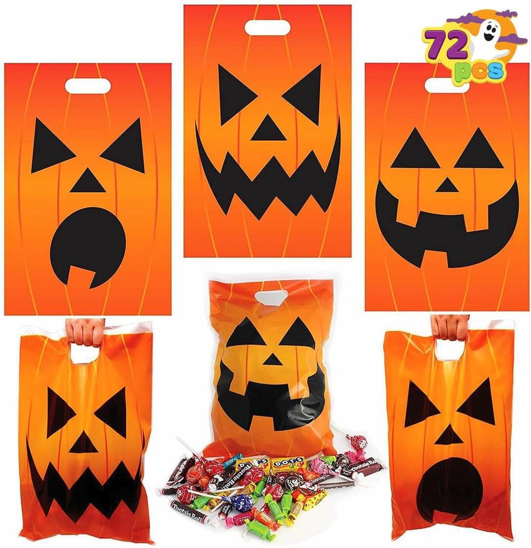JOYIN 72 Pcs Halloween Goodie Bag, Pumpkin Plastic Candy Bags for Kids trick or treating, Halloween Jack o' Lantern Trick or Treat Bags for Snacks Party Favors, Treats Party Supplies