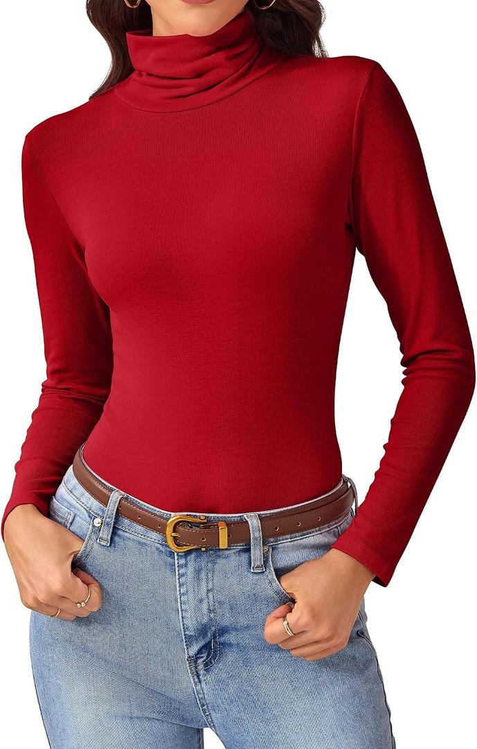 Turtleneck Tops for Women - Long Sleeve Shirts Lightweight Stretch Slim Fit Fall Fashion Basic Underwear Top Winter Clothes (Red, L)