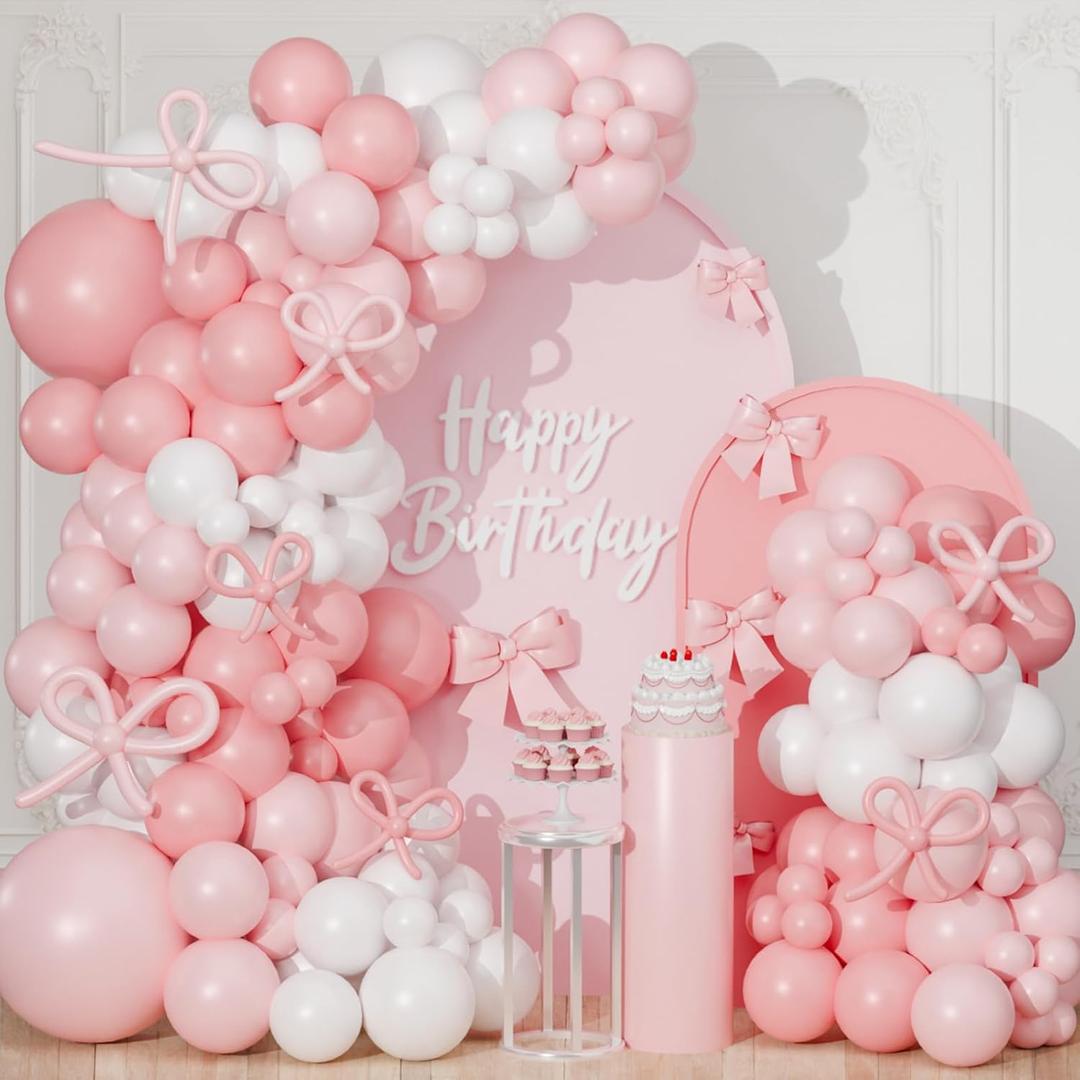 Pink Bow Balloon Arch Kit,130 PCS Coquette Birthday Decorations, Pastel Pink and White Garland Include Light blush Coquette Bow Balloon for Wedding Bridal Baby Shower Girls' Birthday Decoration