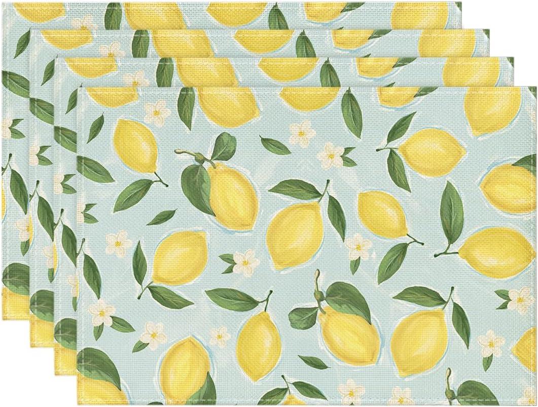 Artoid Mode Blue Lemon Flower Floral Summer Placemats Set of 4,12x18 Inch Seasonal Spring Table Mats for Party Kitchen Dining Decoration