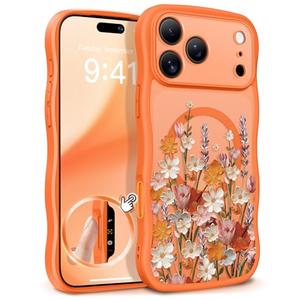 GVIEWIN for iPhone 17 Pro Max Case Compatible with MagSafe [Curly Wave Edge][Full Camera Protection] Floral Translucent Shockproof Magnetic Women Phone Case for 17 Pro Max, Primrose/Orange