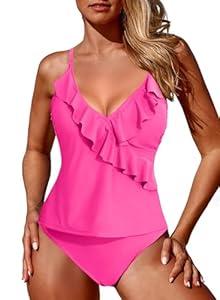 Aleumdr Two Piece Tankini Swimsuit for Women Tummy Control Bathing Suits Ruffled Top with Bikini Bottoms Swim Suits for Women 2024 Swimwear Hot Pink X-Large