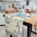 Summer Scallops Starfish Coral Coastal Table Runner, Retro Ocean Beach Sea Animals Theme, Nautical, Green, Linen, 13x90IN