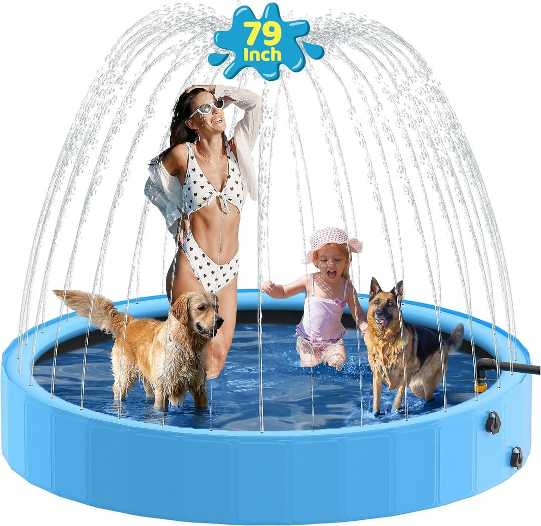 Raxurt Dog Pool with Sprinkler, 79'' Foldable Dog Pools for Large Dogs, 2-in-1 Sprinkler Pool Heavy Duty, PVC Non Slip Pet Bathing Tub for Outdoor Backyard, Blue