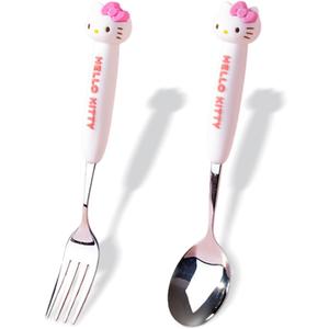 2 PCS Spoon and Fork Set, Cute Stainless Steel Silverware Set, Cartoon Salad Forks and Soup Spoons, Gift for Her (White)