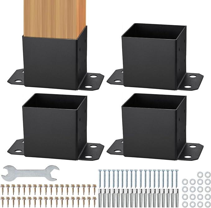VEVOR 6 x 6 Inch Post Base, 4 Pack, 5.6 x 5.6 Inch Inner Size, Heavy Duty Powder Coated Post Anchor, Matte Black Wood Post Brackets for Railing