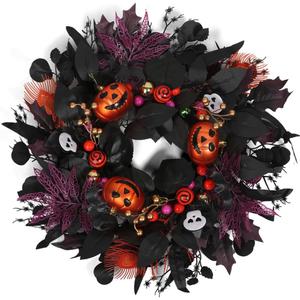 24" Glitter Halloween Wreath Outdoor - Sparkly Balls, Skulls, Bat, Skeleton, Pumpkin on Black Twig | Front Door Outside Goth Decor for Spooky Night