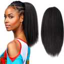 Yaki Straight Drawstring Ponytail for Black Women 16inch Shoulder Length Synthetic Natural Black Kinky Straight Clip in Ponytail Extension for Girl Daily Use(2# Natural Black)