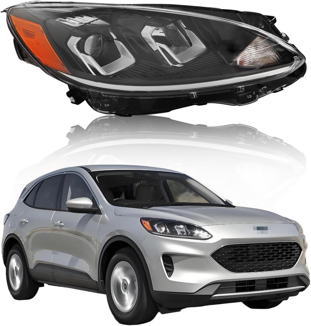 Headlight Assembly Compatible with Fo-rd Escape 2020-2022 SE SEL/Hybrid trims, [Bulbs Included] Right/Passenger Side w/o DRL, Headlamp Replacement with Clear Lens, LJ6Z-13008-C