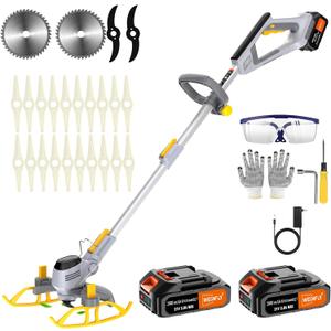 Electric Weed Wacker, (2 x 21V 2.0Ah Electric Brush Cutter Battery Powered), with Auxiliary Bracket, 90 Rotary Head, Telescopic Handle, 3 Cutting Methods(WEG21A-2)