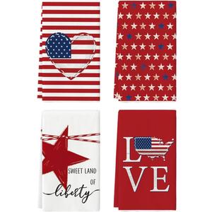 Artoid Mode Stripe America Stars Love Patriotic 4th of July Kitchen Towels Dish Towels, 18x26 Inch Memorial Day Decoration Hand Towels Set of 4