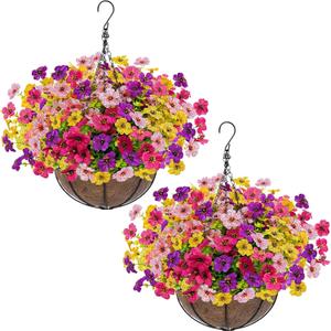 2 Sets Artificial Hanging Plants Flowers Basket Outdoor, Fake Hanging Plants Set of 2 Includes 24 Pcs Flowers for Porch, Patio, Garden, Home Decor in Spring Summer (Red, Purple, Yellow, Rose Red)