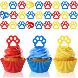 Teenyyou 48 Pcs Paw Dog Cupcake Rings Toppers Decorations Orange Blue Red Yellow Paw Dog Theme Birthday Cupcake Rings Decorations for Puppy Baby Shower Party Supplies(Bright Colors)