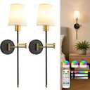 Battery Operated Wall Sconces Set of 2, 24.92" Rechargeable Wireless Dimmable Wall Lights with 9 RGB Colors, Swing Arm Wall Lamp with Remote Control & Timer for Bedroom Living Room Hallway