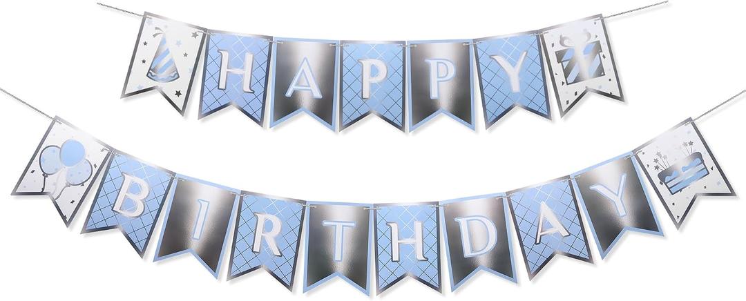 2 x Happy Birthday Banner – Custom Designed Cardboard Boys and Girls Birthday Decoration – Stylish Party Sign for Space, Sports, or Milestone Themes (Light Blue and Silver)