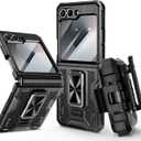 VEGO for Galaxy Z Flip 6 Case, 360 Rotatable Ring Kickstand & Belt Clip Holster & Tempered Glass Camera Screen Protector & Hinge Protection, Shockproof Case for Samsung Flip 6 5G - Black