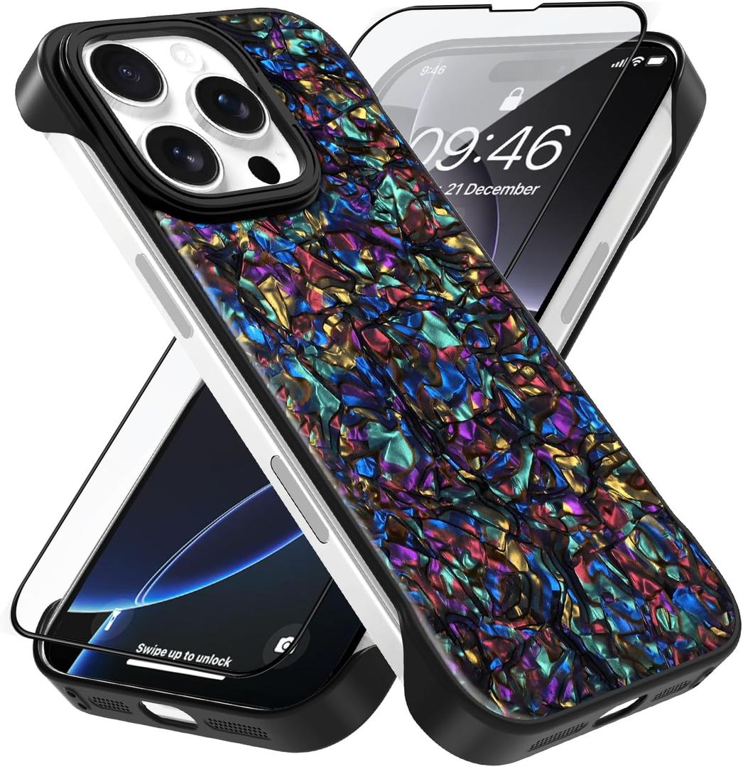 AIGOMARA Slim Frameless for iPhone 16 Pro Case with Screen Protector, Luxury Opalescent Pearl Minimalist Borderless Phone Case for Women Girls, Ultra-Thin Hard Shockproof Case Cover, Purple