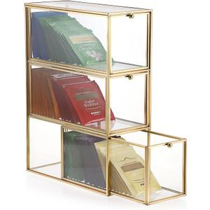 ELLDOO Tea Bag Organizer with 3 Drawers, Gold Glass Tea Bag Storage Holder for Kitchen Pantry, Coffee Pod Snack Storage for Countertop Cabinet, Multi-Functional Home Organizer