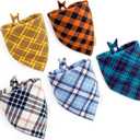 5PCS Dog Bandanas with Button - Thick Triangle Bibs Dual Layer Soft Cotton Scarves for Small Medium Boy Girl Puppy Cat Pet Baby Square Plaid Printing Washable Kerchief Halloween Costumes Outfits (blue)