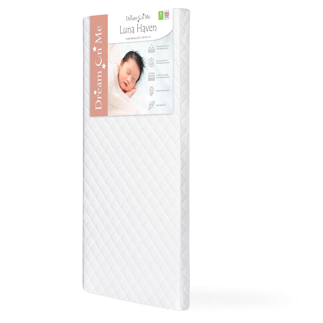 Dream On Me Luna Haven 2" Cradle Mattress Lightweight Firm Polyester Fiber Core, Waterproof & Easy-Clean, Stain & Odor Resistant, Greenguard Gold and BSA Certified (36" L x 18" W x 2" H)