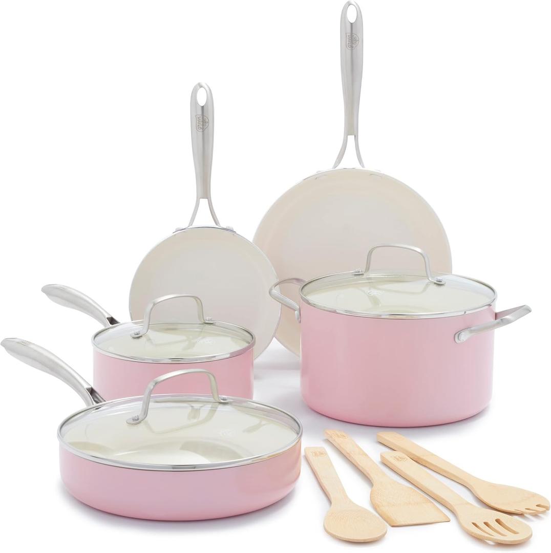 GreenLife Artisan Healthy Ceramic Nonstick, 12 Piece Cookware Pots and Pans Set, Stainless Steel Handle, Induction, PFAS-Free, Dishwasher Safe, Oven Safe, Pink (12 Piece Cookware Set)