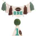 First Year Down Birthday Decorations for Football - One High Chair Banner and Hat set,Football 1st Birthday Party Hat,One Year Down Cake Smash Photo Backdrop,Sports Party Tassel for Baby Shower