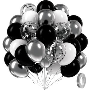 60pcs Black and Silver Balloons 12inch, Black and White Balloons with Metallic Silver Confetti Balloons for Baby Shower Wedding Birthday Graduation Party Decorations