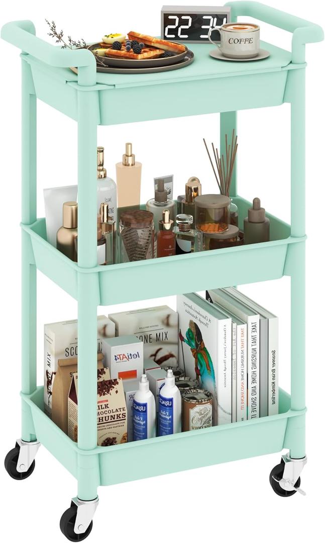 3-Tier Utility Rolling Cart with Cover Top Board, Mobile Utility Cart with Lockable Casters Multi-Functional Storage Trolley for Office, Bathroom, Kitchen, Garden, Laundry Room (Green)