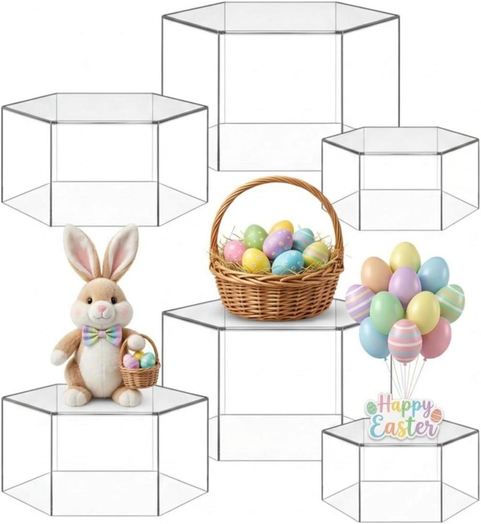 Jerify 6 Pcs Acrylic Risers Display Stands, 5.91'' 5.12'' 3.54'', Clear Hexagon Nesting Pedestal Shelf with Hollow Bottom for Tabletop Jewelry Display, 3 Sized