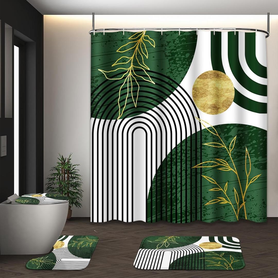 Olive Green and Gold Boho Mid Century Shower Curtain Set with Toilet Lid Cover and Non-Slip Rugs, Abstract Geometric 4 Pcs Modern Minimalist Shower Curtain for Bathroom Set with 12 Hooks