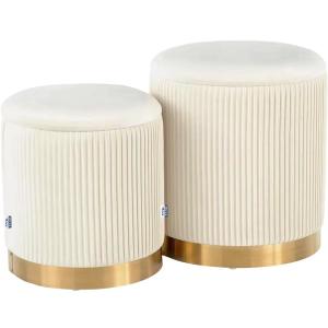 YYW HOME Round Ottoman with Storage Set of 2 Vanity Stool Foot Rest with Removable Lid White Velvet Storage Ottoman Stool for Living Room and Dorm, 14.75" x 14.75" x 17.75", 12.6" x 12.6" x 14.17"