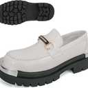 Men's Patent Leather Metal Decoration Chunky Platform Penny Loafers Luxury Round Toe Slip-On Lug Sole Dress Shoes Daily Non-Slip Shock Absorbing Outdoor Work Shoe (Size 11, White)