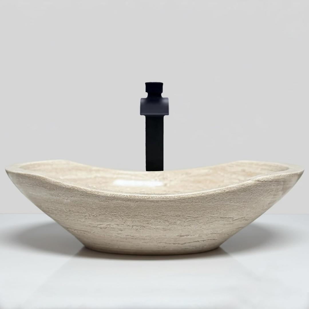 Oval Travertine Vessel Sink Natural Stone Wash Basin, Fully Polished Bathroom Sink, Above Counter Vanity Basin (Includes Matching Soap Tray), Medium