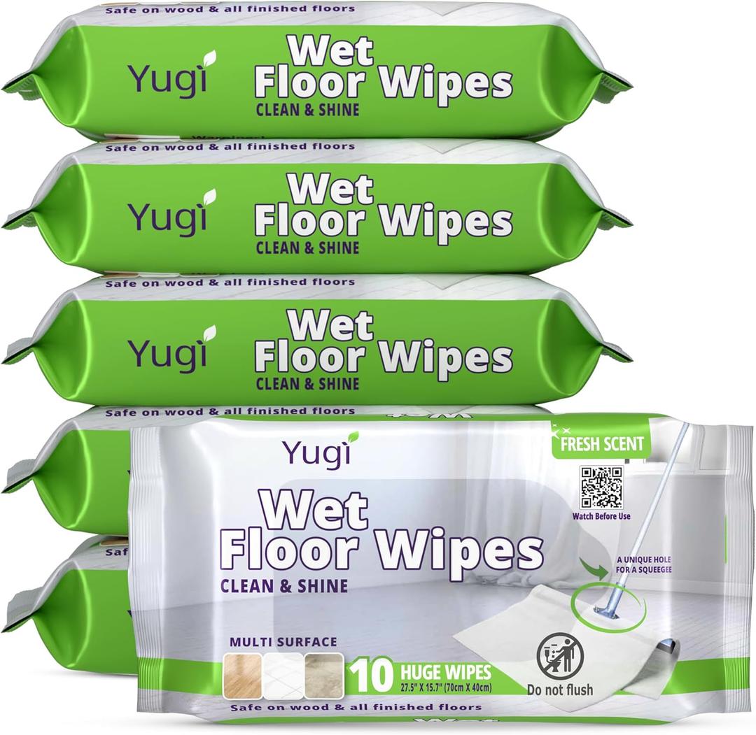 Yugi XXL Wet Floor Wipes For Squeegee Stick,Multi Surface Cleaning Wipes,Fresh Aroma Scent,Huge Disposable Wipes (27.5" x 15.7"),Extra Thick,(6 packs - 60 wipes), EXP 05/2028