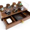 Wooden Watch Case, 2-Tier Watch Display Case Watch Box for Men, Watch Display Stand with Drawer Watch Collection Storage Watch Holder, brown