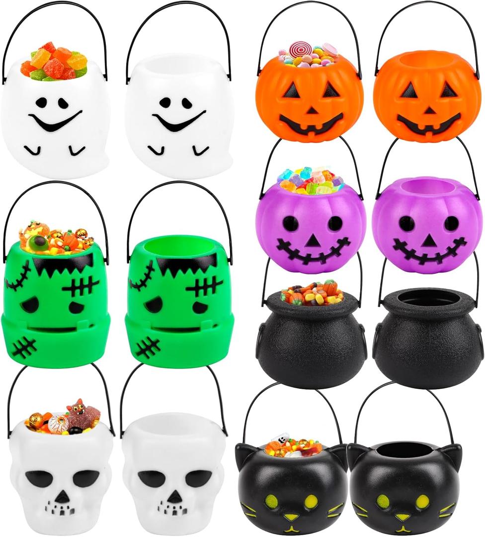 FOIMAS 14 Pack Mini Halloween Candy Cauldron, Pumpkin & Ghost Candy Holders with Handles for Trick-or-Treat, Halloween Party Favors & Home Decoration Supplies