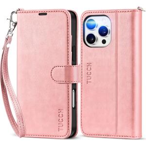 TUCCH Wallet Case for iPhone 16 Pro Max, [Wrist Strap] Kickstand RFID Blocking 4 Card Slots, Magnetic PU Leather Shockproof TPU Shell Compatible with iPhone 16 Pro Max 5G, Rose Gold with Wristlet