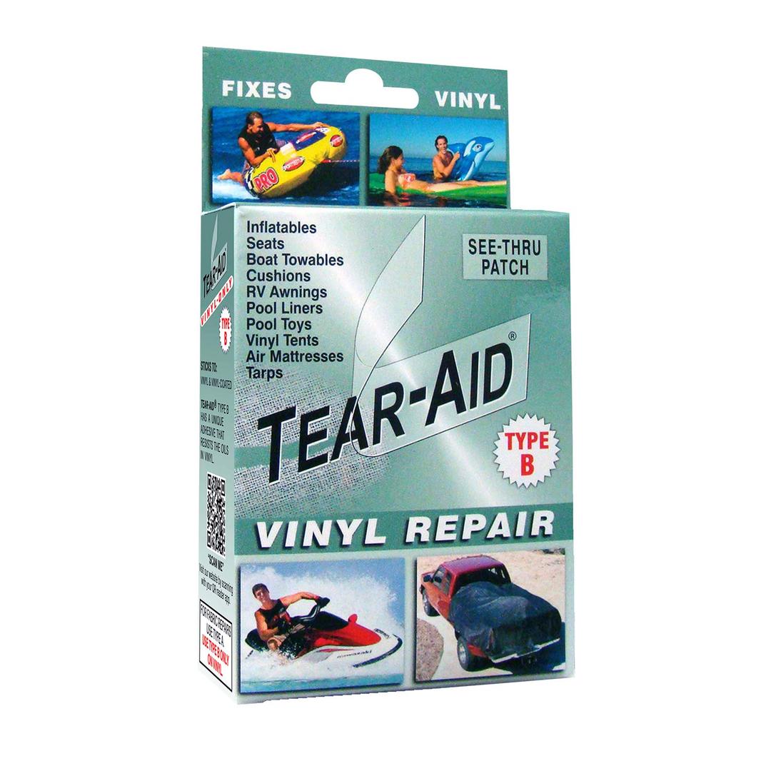 TEAR-AID Vinyl Repair Kit, Type B Clear Patch for Vinyl and Vinyl-Coated Materials, Works on Vinyl Tents, Awnings, Air Matresses, Pool Liners & More, Green Box, 2 Pack