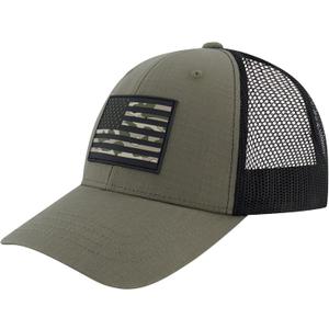 American Flag Trucker Hat, 6 Panel Adult Baseball Cap with Curved Brim, Forest Green, One Size