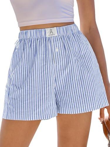 ANRABESS Boxer Shorts for Women Gingham Pajama 2025 Summer Casual Lounge Sleep Plaid Shorts Y2K Beach Bottoms,, Large, Blue White Stripe 