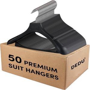 DEDU Suit Hangers for Men 50 Pack, Black Coat Hangers Extra Wide Non Slip Width 17.7", Thick Plastic with Pants Bar & Metal Hook