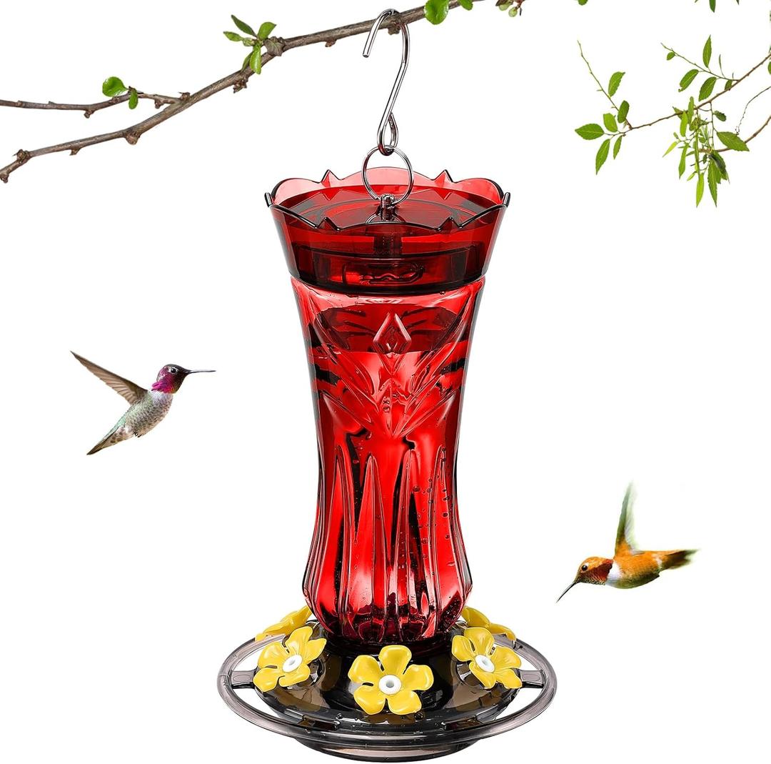 Hummingbird Feeders for Outdoors, Durable Hanging Humming Birds Feeders with 6 Bee Guard Feeding Ports & Built-in Ant Moat, Easy to Clean, Ideal for Garden Decor, 18 OZ, (1, Red)