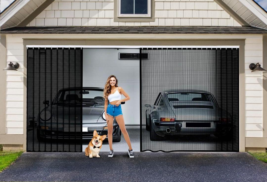 Sliding Garage Door Screen 2 Car with Track Closure, 16x7Ft Garage Net Screen Retractable Privacy Garage Door Curtain Keep Annoying Animals Out Easy Assembly Fiberglass Mesh Screen Door