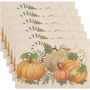 Thanksgiving Placemats Set of 6 Fall Place Mats Pumpkin Maple Leaves Table Mats Washable Non-Slip Heatproof Woven Placemats for Dining Table (17.7" X 11.8") (Light Yellow 4)