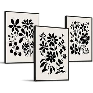 SERIMINO Black and White Wall Art Framed Bedroom Decor Aesthetic, Botanical Floral Canvas Wall Art for Living Room Boho, Set of 3 Flower Market Prints Farmhouse Wall Decor, 16 x24 inch