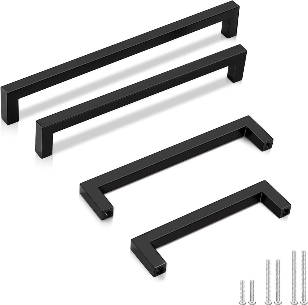 GOBEKOR 10 Pack Kitchen Cabinet Handles Black Square Cabinet Handles for Dresser Drawer 7-1/2in(192mm) Hole Centers, Solid Matte Black Solid Kitchen Cabinet Hardware